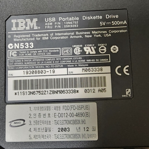 IBM EUC USB PORTABLE DISKETTE DRIVE N533. 13N6752. 05K9283. VINTAGE - Picture 3 of 3